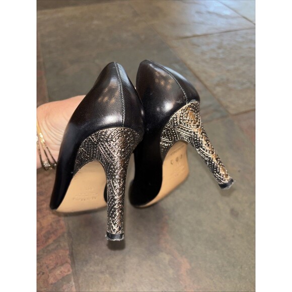 Max Mara Black Leather Peep Toe Pumps 3” Silver Heel 8 38.5 Italy Women - Picture 4 of 12